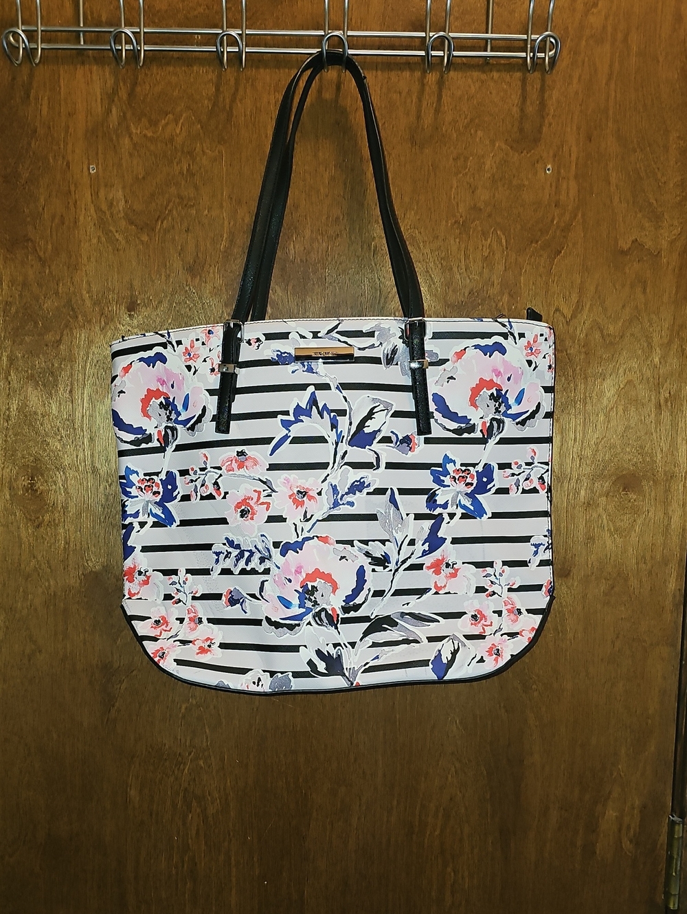 Nine West Striped Floral Tote in White, Black, Pink & Blue